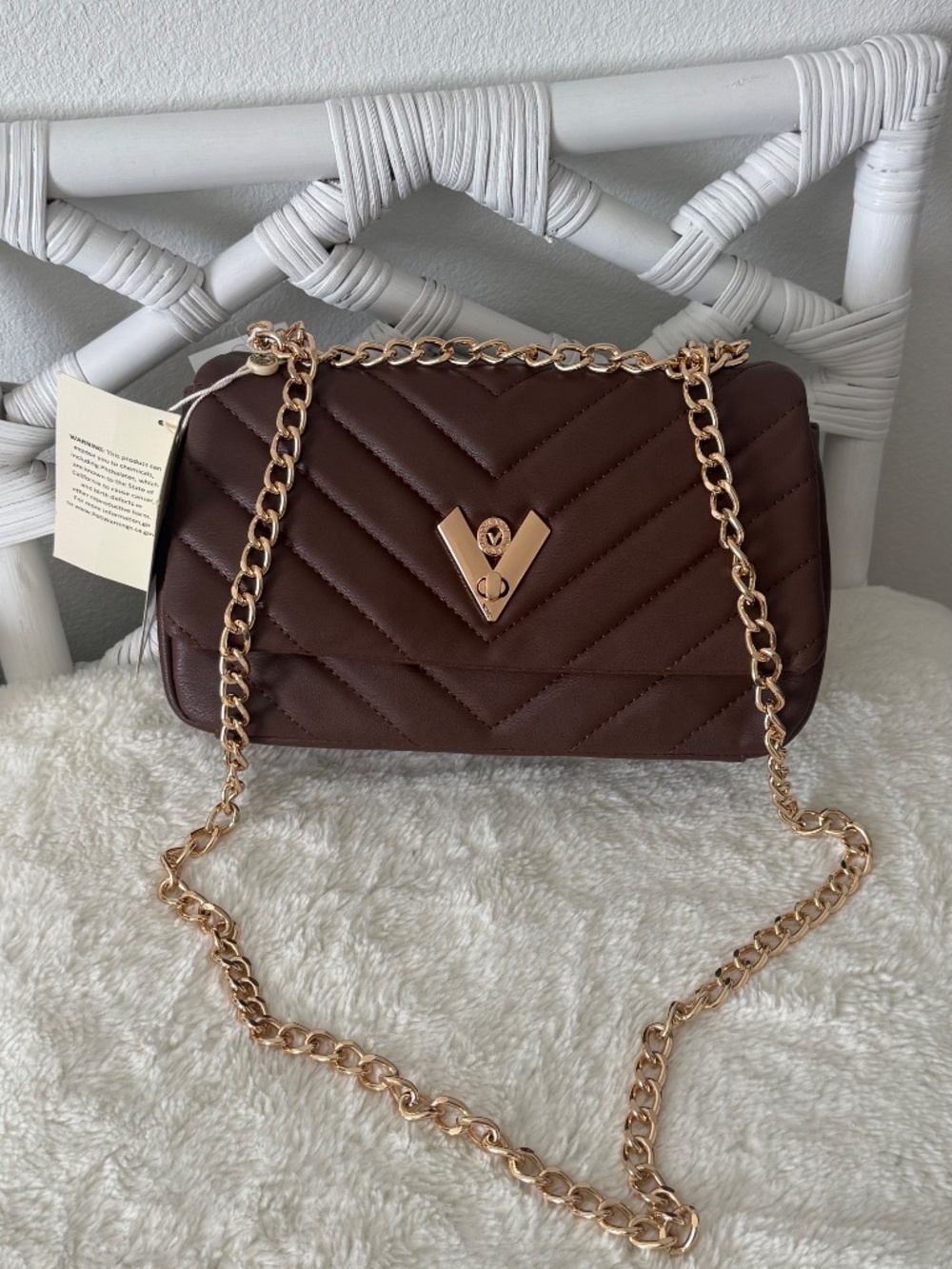 Valentino Orlandi Chevron Quilted Brown Vegan Leather Chain Flap Crossbody Bag